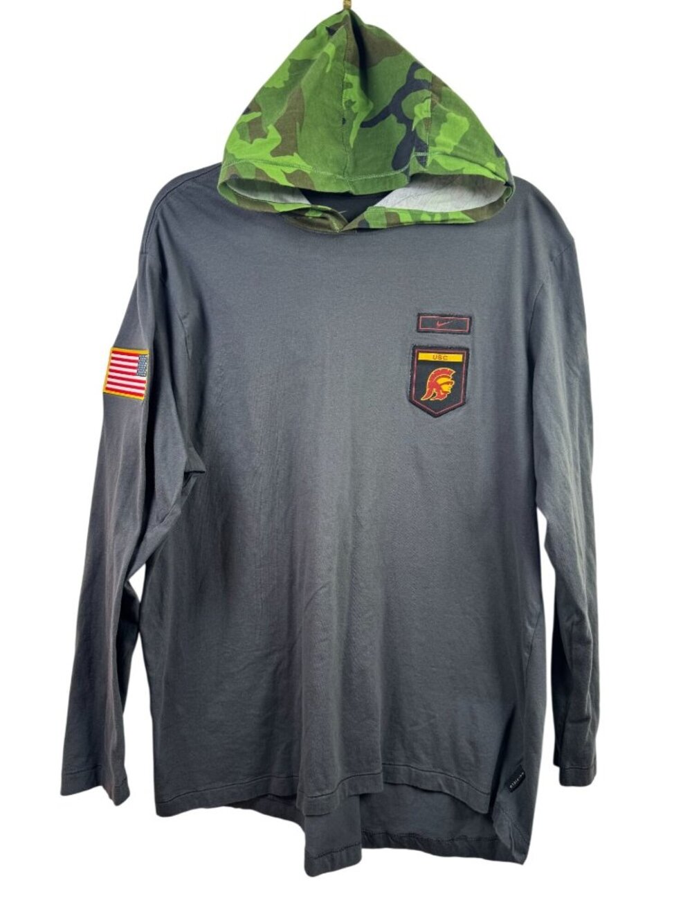 Nike USC Trojans Long Sleeve Hoodie Camo Hood American Flag Patch Mens XL Gray